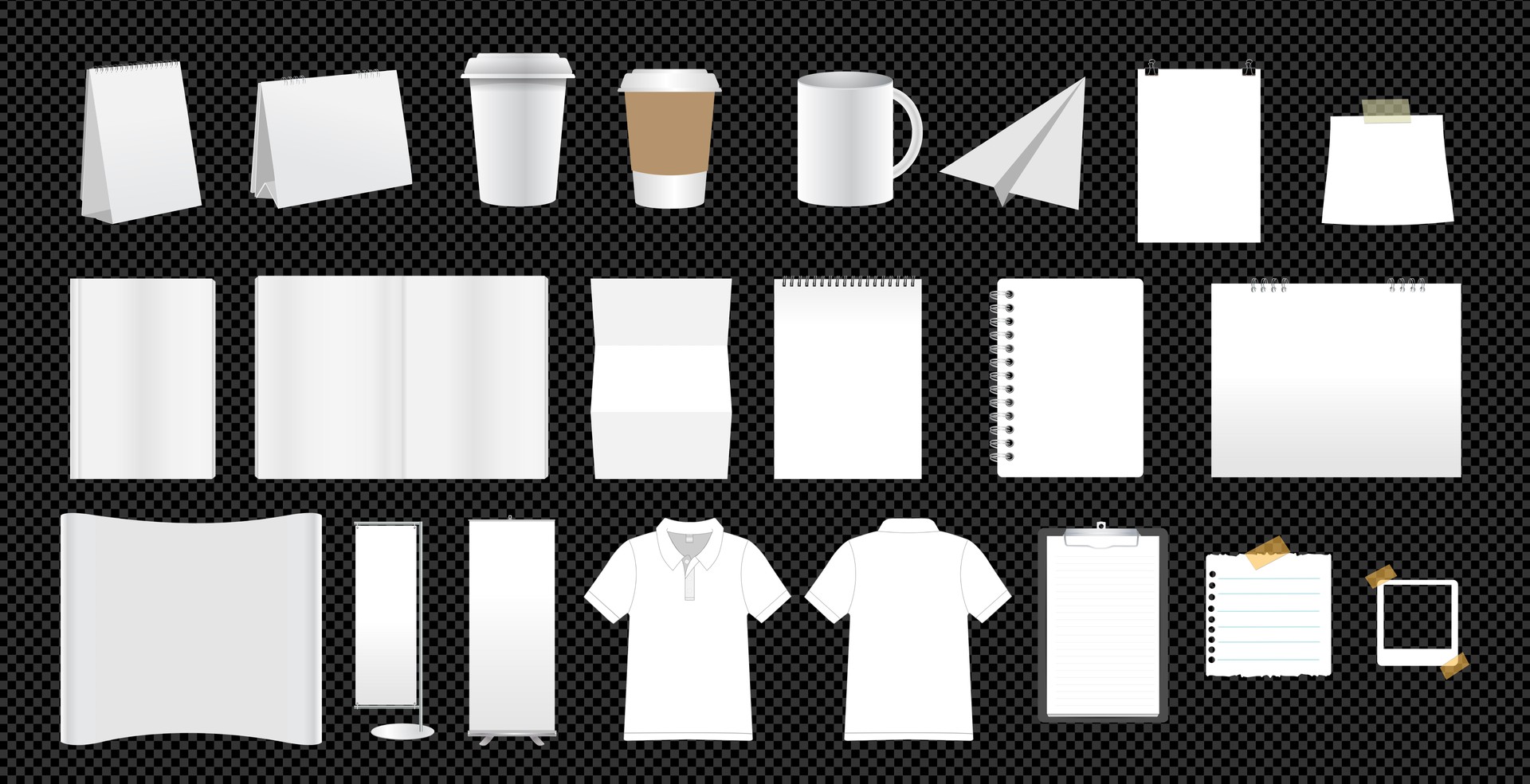 Set of White corporate identity template design, isolated Clipping paths for design work empty free space mock up product display presentation.